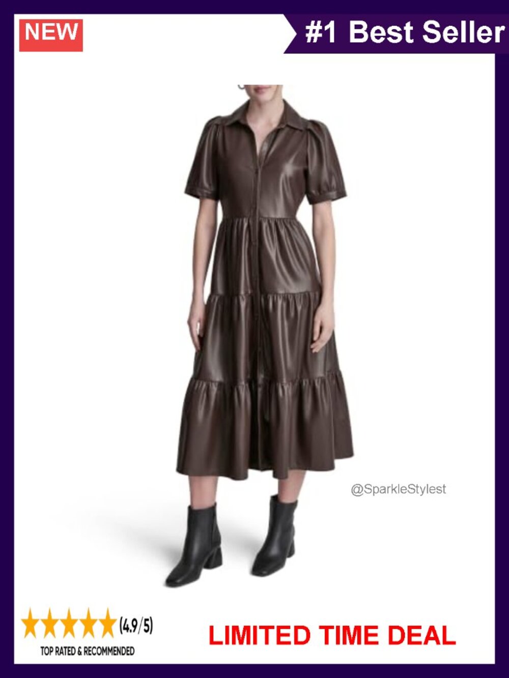 DKNY Button Front Tiered Dress Short Puff Sleeves Casual